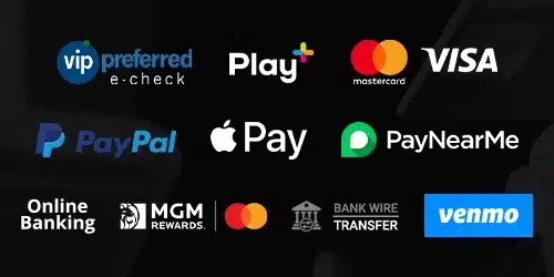 betmgm promo code louisiana payment banner with Play+, MasterCard, Visa, PayPal, Apple Pay, PayNearMe, Online Banking, Venmo logos