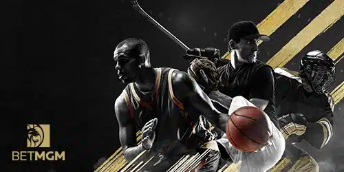 betmgm promo code louisiana games banner with a basketball player, baseball player, and hockey player
