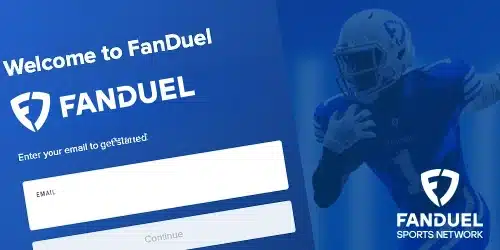 FanDuel sportsbook desktop banner showing an athlete holding a ball and the FanDuel logo